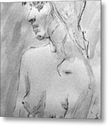 Charcoal Black White Nude Portrait Drawing Sketch Of Young Nude Woman Feeling Sensual Sexy Lonely Metal Print