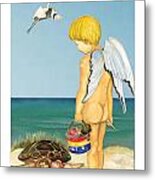 Cherub Saving Turtle Metal Print