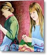 Girls Knitting Metal Print