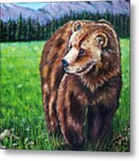 Grizzly Bear In Field Of Flowers Painting Metal Print