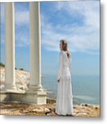 Lady In White By The Sea Metal Print