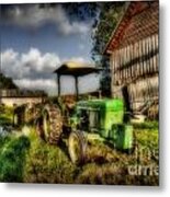 Old Tractor In Field By Barn Metal Print