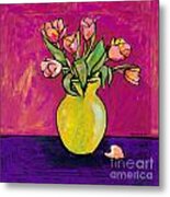 Parrot Tulips In A Yellow Vase Metal Print
