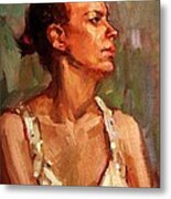 Portrait Of A Stern And Distanced Hardworking Woman In Light Summer Dress With Deep Shadows Dramatic Metal Print