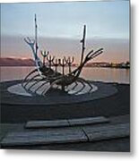 Silver Ship Sculpture At Dusk Metal Print