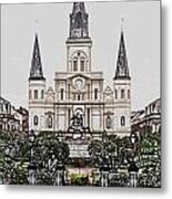 St Louis Cathedral On Jackson Square In The French Quarter New Orleans Colored Pencil Digital Art Metal Print