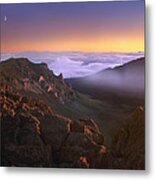 Sunrise And Crescent Moon Overlooking Metal Print