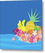 Tropical Flowers With Fruits On Waves Metal Print