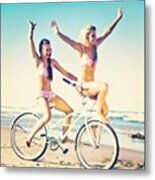 #two #girls #having #fun #bicycle Metal Print