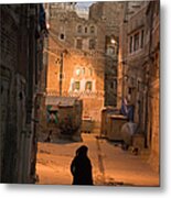 Woman Walking In Old Town, Dusk, San'a, Yemen, Middle East Metal Print