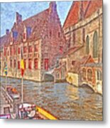 Boats Docked Along A Bruge Canal Metal Print