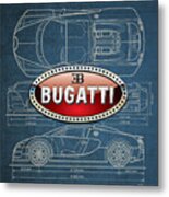Bugatti 3 D Badge Over Bugatti Veyron Grand Sport Blueprint Metal Print