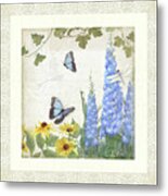 Le Petit Jardin 1 - Garden Floral W Butterflies, Dragonflies, Daisies And Delphinium Metal Print