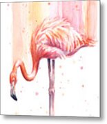 Pink Flamingo Watercolor Rain #1 Metal Print