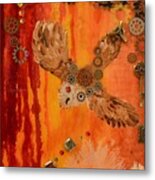 Steampunk Owl Red Horizon Metal Print