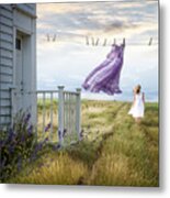 Summer Dress Blowing On Clothesline With Girl Walking Down Path #3 Metal Print