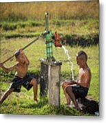 Two Young Boy Rocking Groundwater Bathe In The Hot Days. #1 Metal Print
