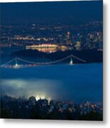 View Of Lions Gate Bridge And Vancouver In The Fog Metal Print