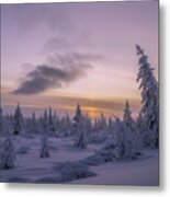 Winter Evening Landscape With Forest, Sunset And Cloudy Sky.  #1 Metal Print