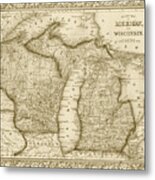 1800s Historical Michigan And Wisconsin Map Sepia Metal Print