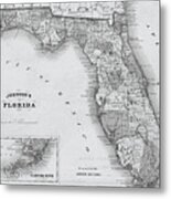 1864 Florida Map Black And White Metal Print