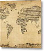 Map Of The World Map From Old Sheet Music Metal Print