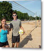 Young Fit Couple On The At The Zilker Park Sand Volleyball Courts With Volleyball On Sunny Summers Day #2 Metal Print