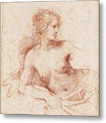 A Female Nude Looking To The Right Half Length Resting Her Right Arm On A Cushion Metal Print