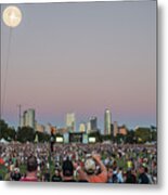 A Giant Acl Helium Ballon Lights Up The Night Sky During The Austin City Limits Music Festival Overlooking The Austin Skyline On October 12, 2014. Metal Print
