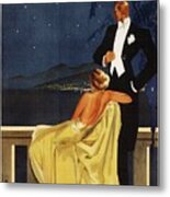 Abbazia, Italia - Woman And Man Looking Out At A Mountain - Retro Travel Poster - Vintage Poster Metal Print