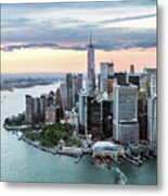 Aerial Of Lower Manhattan Skyline With Staten Island Ferry Boat, Metal Print