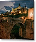 Alcantara Bridge And Alcazar Toledo Night Metal Print
