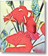 Aloha Bouquet Of The Day - Anthuriums And Green Ginger In Blue Metal Print