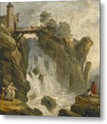 An Artist Sketching With Other Figures Beneath A Waterfall Metal Print