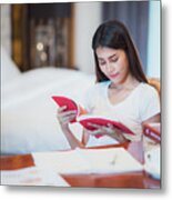 Asian Lady Student Read A Text Book For Prepare To Examination O Metal Print
