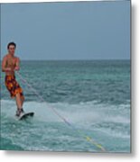 Athletic Young Wakeboarder Riding A Wakeboard In Aruba Metal Print