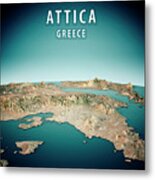 Attica Greece 3d Render Satellite View Topographic Map Vertical Metal Print