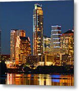 Austin Skyline At Night Color Panorama Texas Metal Print