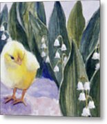 Baby Chick And Lily Of The Valley Flowers Metal Print
