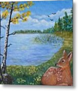 Baby Fawn In Spring Metal Print
