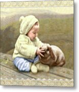 Baby Touches Bunny's Nose Metal Print