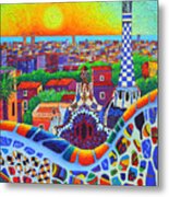 Barcelona Park Guell Sunrise Gaudi Tower Textural Impasto Knife Oil Painting By Ana Maria Edulescu Metal Print