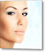 Beautiful Female Face Over Abstract Blue Sky Background Metal Print