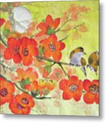 Birds And Red Flowers Metal Print