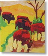 Bison Art Bison Crossing Stream Yellow Hill Painting Bertram Poole Metal Print