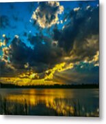 Blue And Gold Sunset With Rays Metal Print