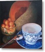 Blue And White Teacup And Melon Metal Print