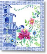Blue Asian Influence 10 Vintage Style Chinoiserie Floral Pagoda W Chinese Chippendale Border Metal Print