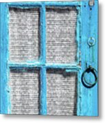 Blue Door Window With White Lace Metal Print
