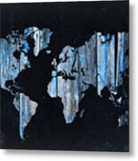 Blue Planks On Black World Map Metal Print